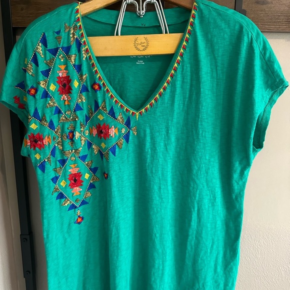 Tops - Embroidered Aztec Western Style Teal V-Neck Top with Sequins and Embroidery